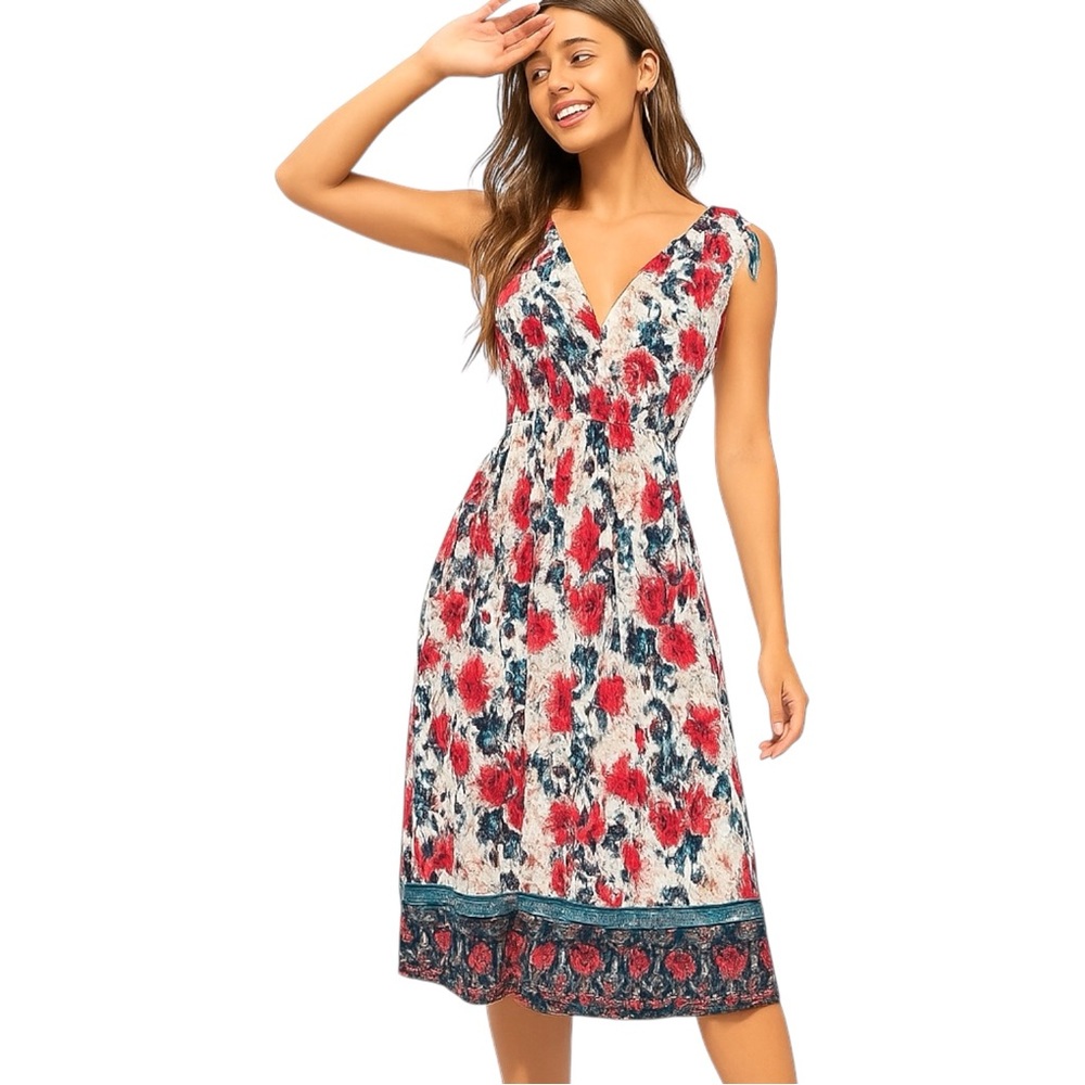 Floral Surplice Sundress S-M Sleeveless Boho Midi Dress Summer Casual Colorful